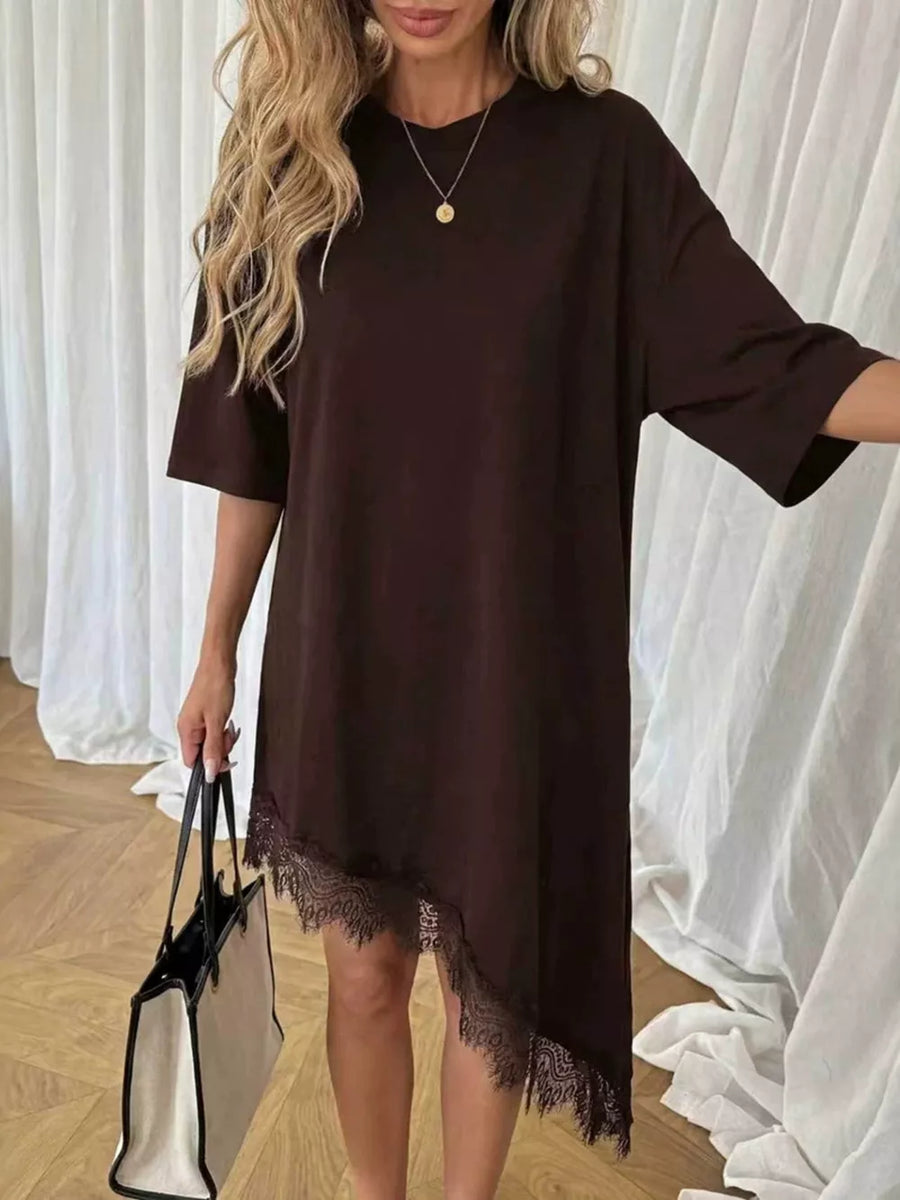 Chocolate asymmetrical t-shirt dress with lace trim hem and short sleeves.