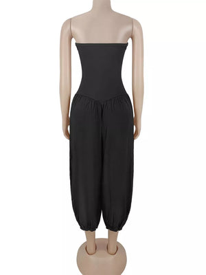 Strapless Ruched Wide-leg Jumpsuit in Tan with ruched