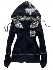 white zip hoodie featuring pocketed and leopard-print