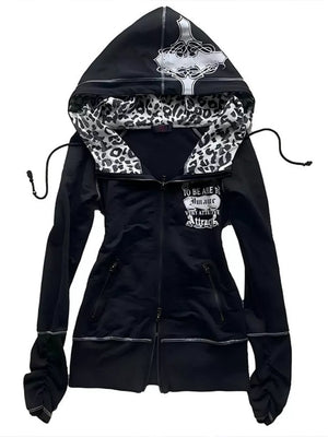 white zip hoodie featuring pocketed and leopard-print