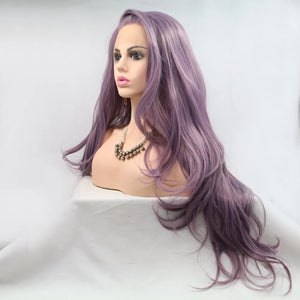 Lavender ombre lace front wig with flowing layers and a lace front.