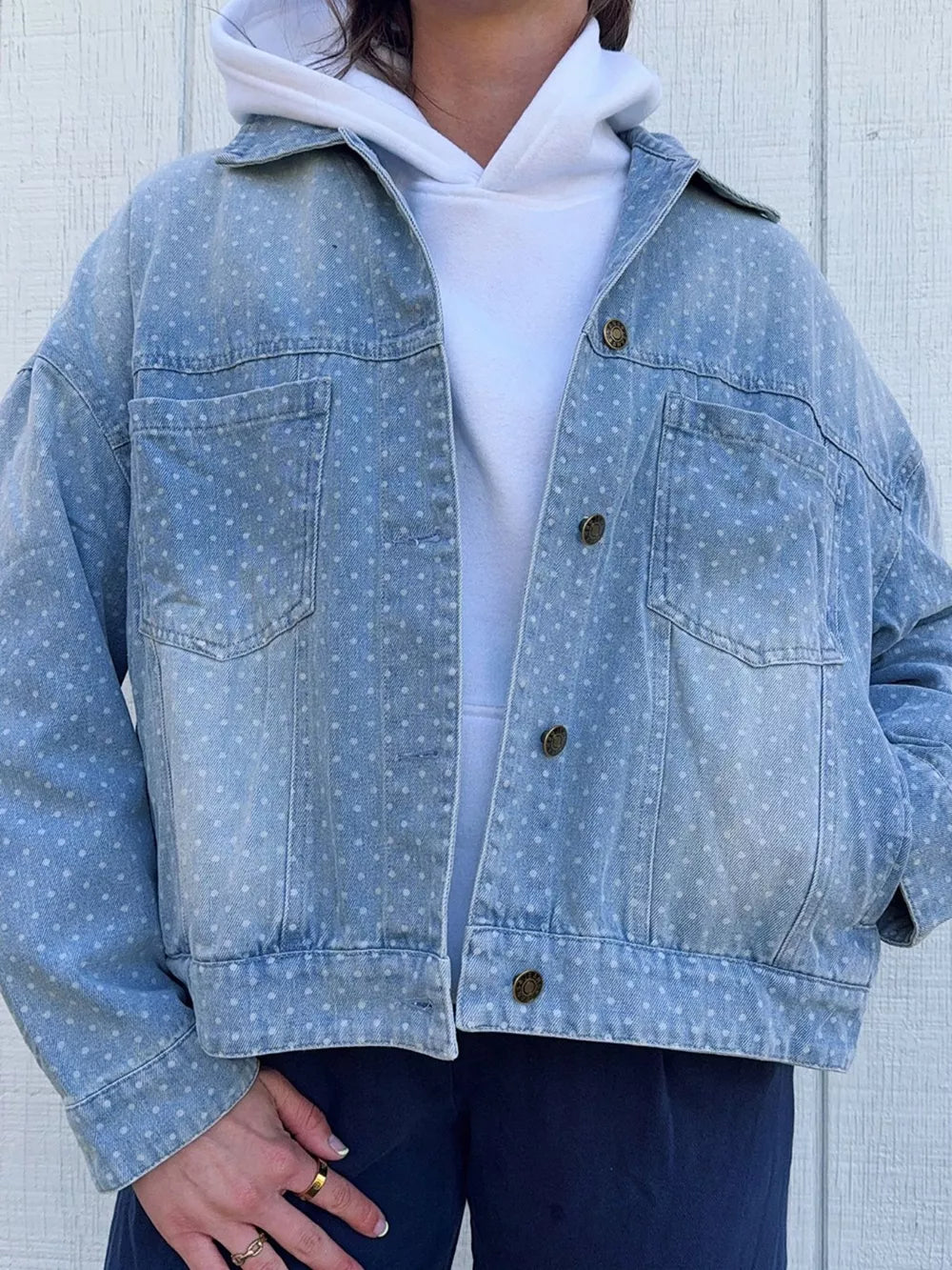 light blue denim jacket with polka dot and collared