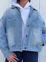 light blue denim jacket with polka dot and collared