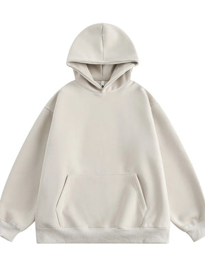Apricot long-sleeve hoodie with front pocket and drawstring hood.