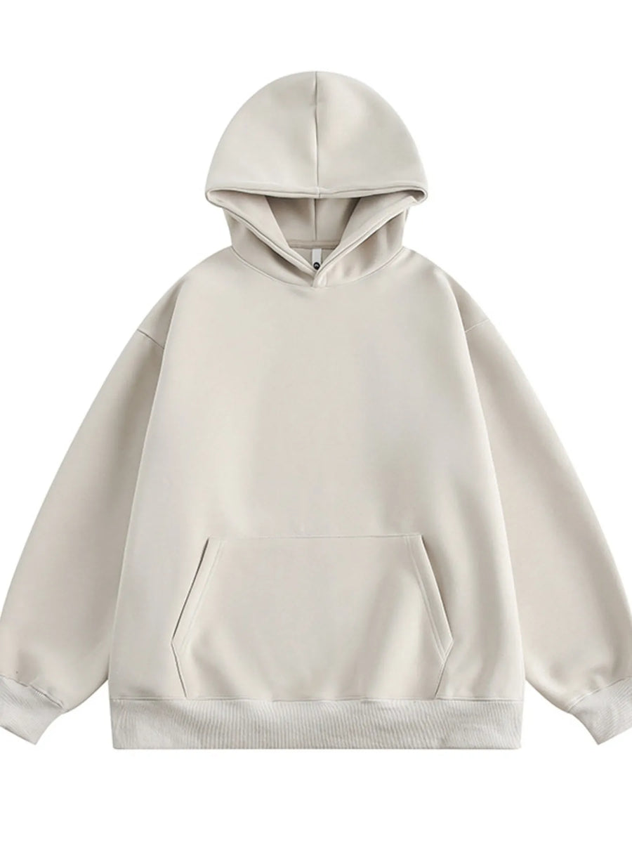 Apricot long-sleeve hoodie with front pocket and drawstring hood.