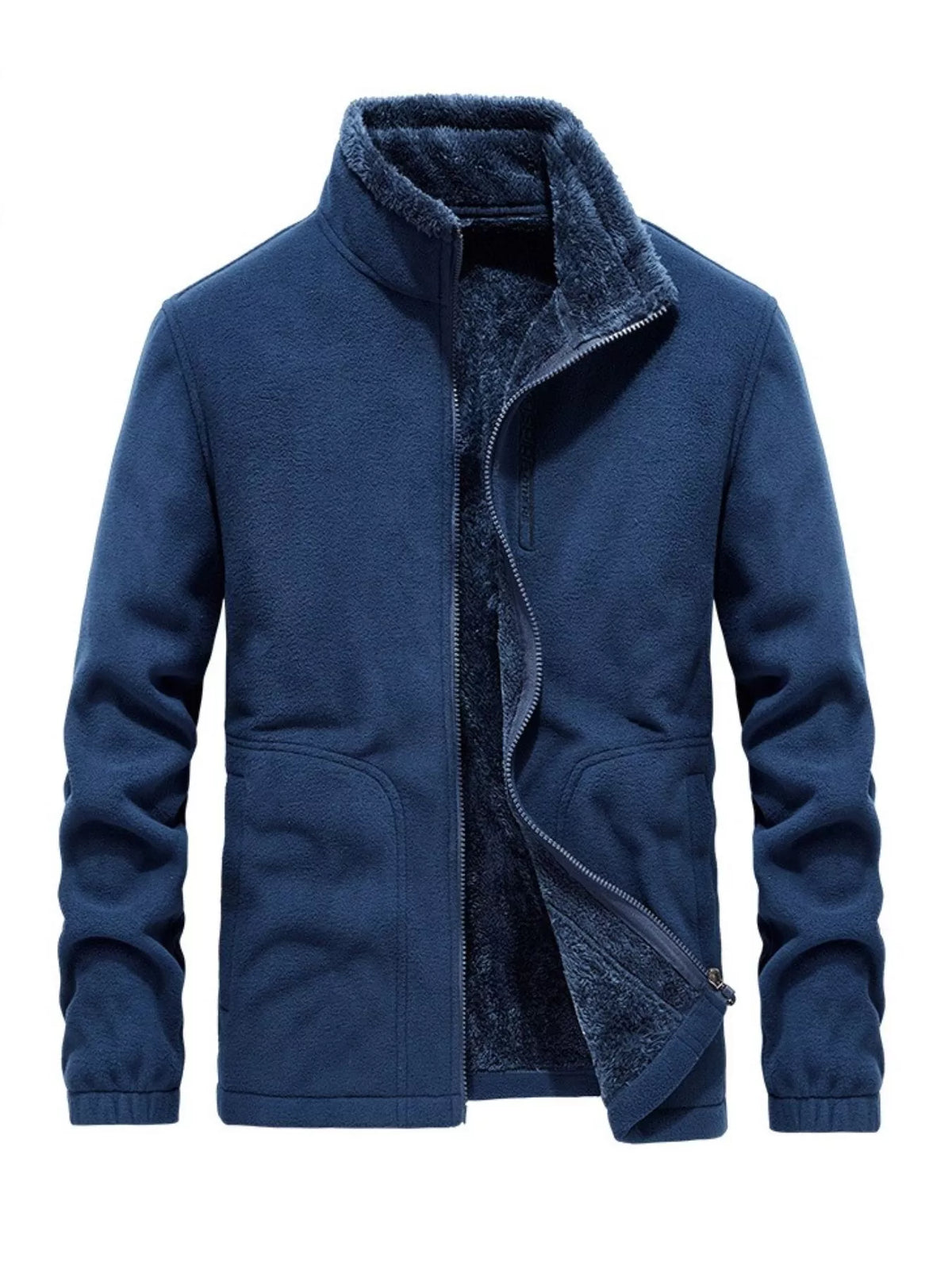 Dark blue fleece lined full zip jacket with stand collar and zippered pockets.