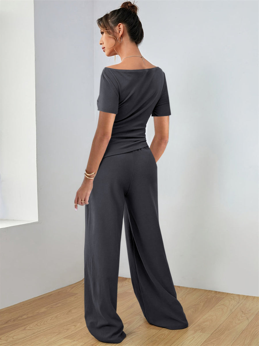 Boat neck jersey co-ord set in dark gray with wide leg pants and short sleeves