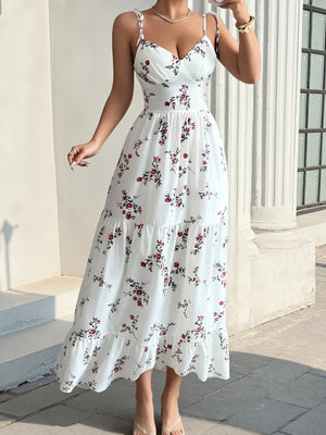 white midi dress with floral and sweetheart