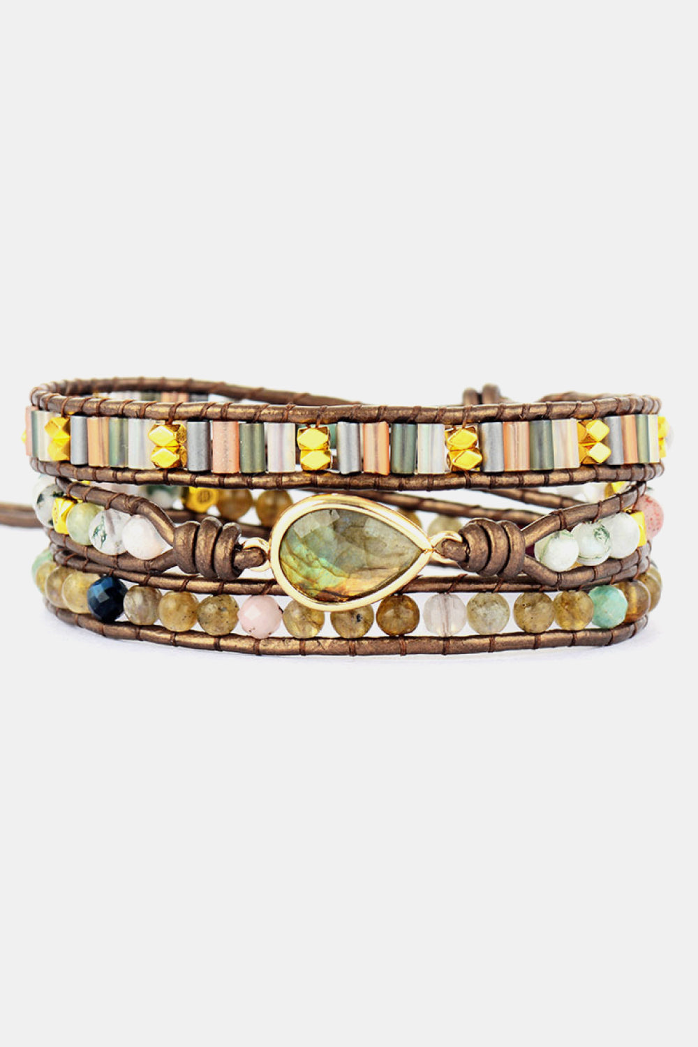 Bohemian wrap bracelet in mocha with gemstone focal and mixed beads