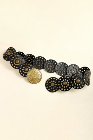 Black leather belt with multiple round silver-tone disc embellishments and a decorative gold-tone buckle.