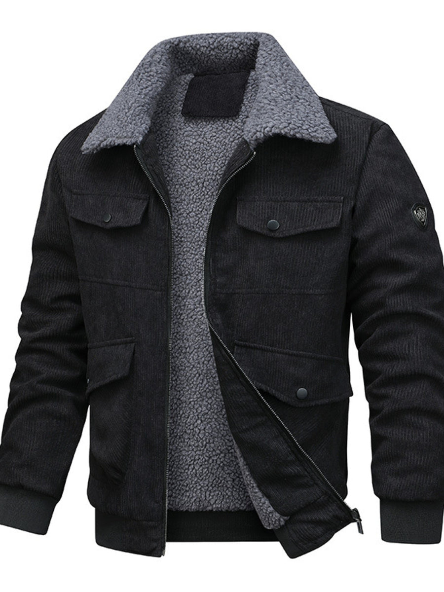 Black bomber jacket with hip-length and zip-front