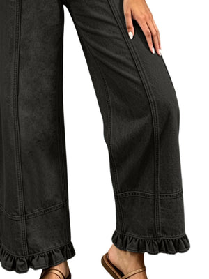 High-Waisted Wide-Leg Ruffled Hem Jeans Plus Size in Brown with buttoned