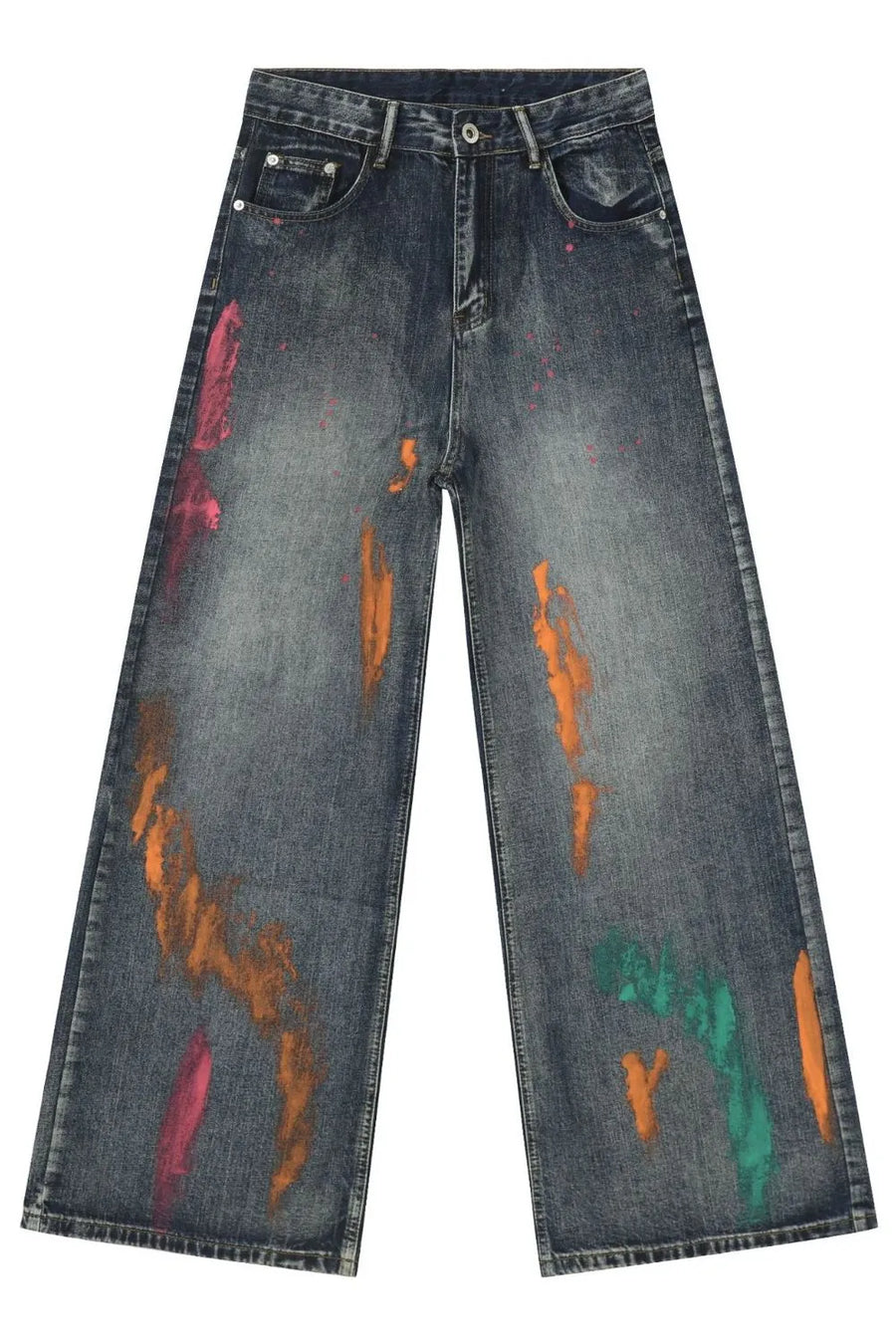 Painterly wide-leg denim jeans in medium wash with artistic paint splatters in pink, orange, and green.