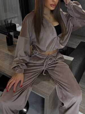 Black with Zip Up Cropped Outerwear And Pants Set