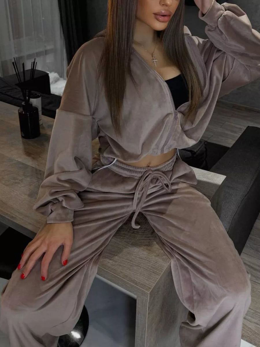 Black with Zip Up Cropped Outerwear And Pants Set