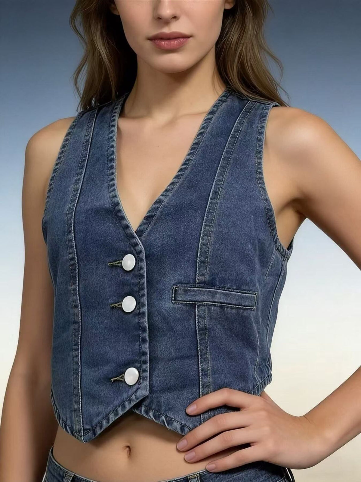 Dark blue denim vest with V-neck, button front, and chest pocket.