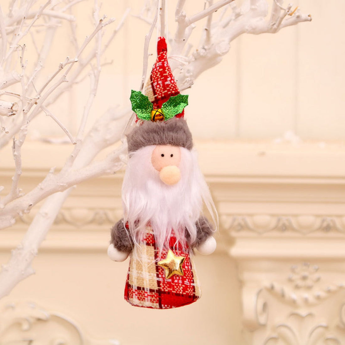 Festive fabric doll ornament in red plaid with gold star detail, white beard, and Santa hat.