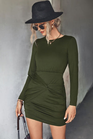 Army green long sleeve knot-front ruched bodycon mini dress