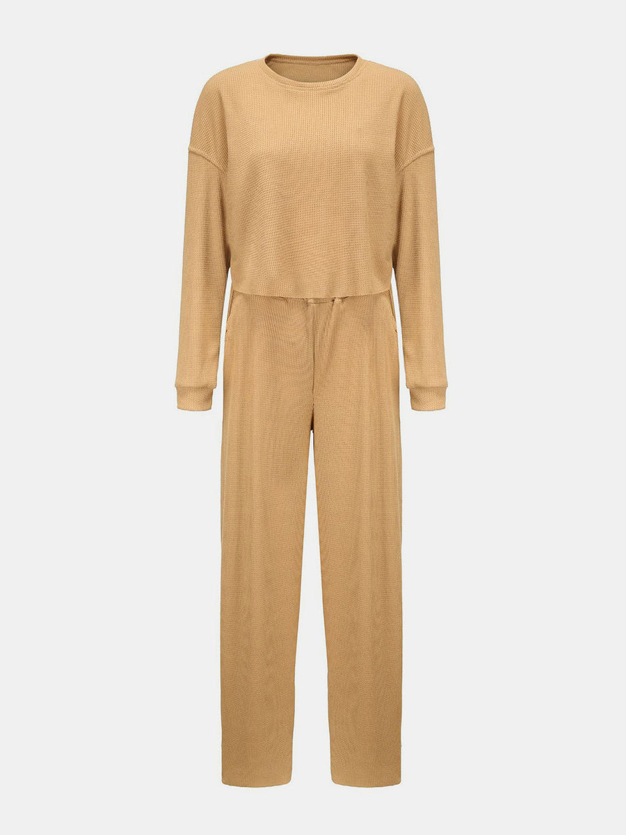 Waffle knit cropped lounge set in mocha featuring a crew neck top and wide-leg pants.