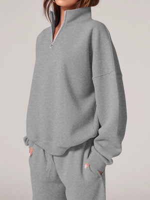 Half-Zip Sweatshirt And Wide-Leg Sweatpants Set in Dark Brown with drawstring