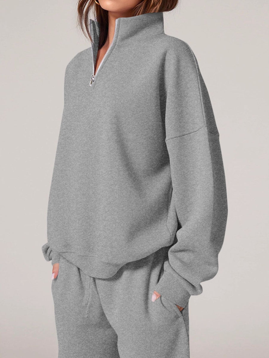 Half-Zip Sweatshirt And Wide-Leg Sweatpants Set in Dark Brown with drawstring