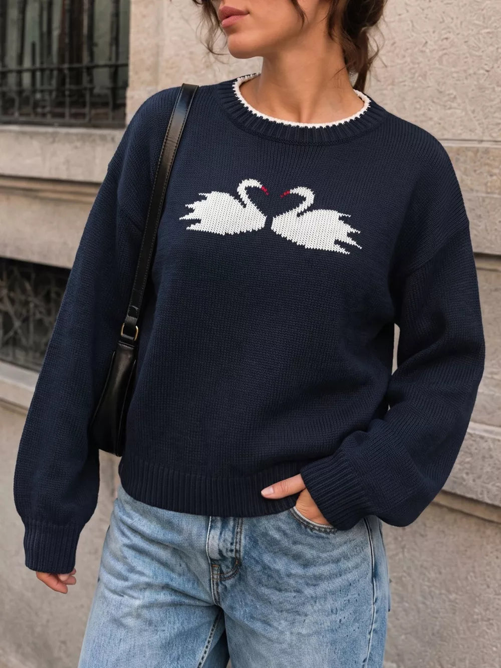 pullover sweater in navy blue featuring dropped shoulder and relaxed fit
