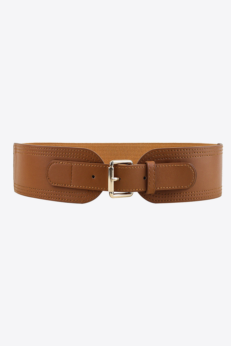 Caramel leather waist belt with elasticated back and silver buckle.