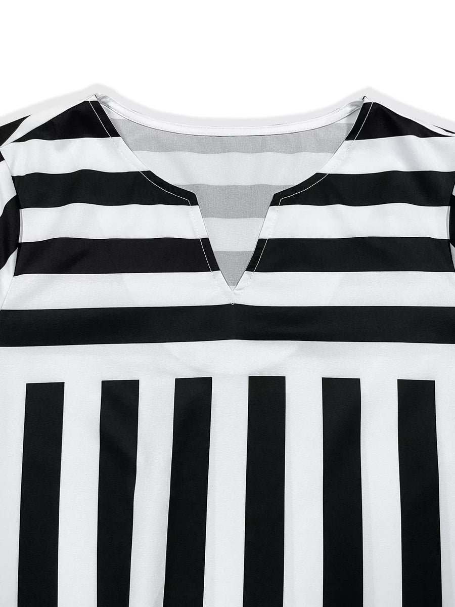 Striped Notched Casual Mini Dress in Black