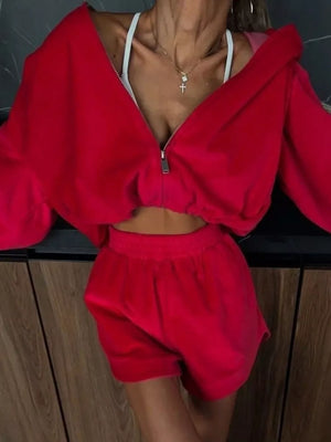 Long Sleeve Zip-up Hoodie And Shorts Set, view 12