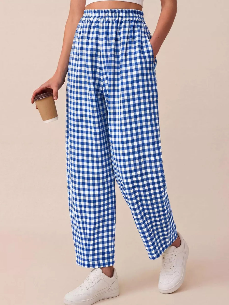 black wide-leg pants with elastic waist and N/A