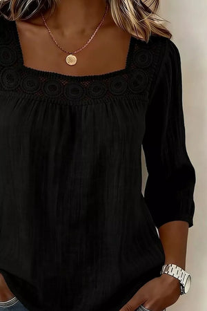 Black polyester blouse with square neck and crochet trim detail