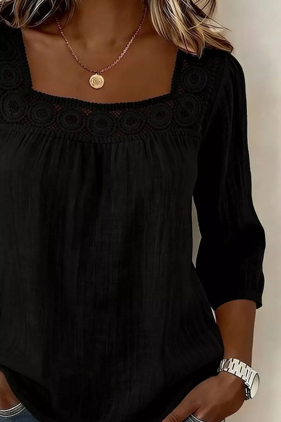 Black polyester blouse with square neck and crochet trim detail