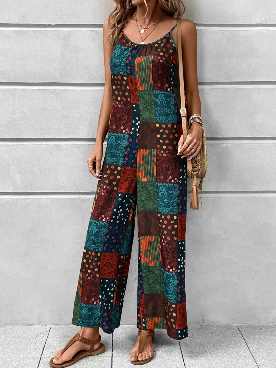 Patchwork print cami jumpsuit with wide legs in multicolor.