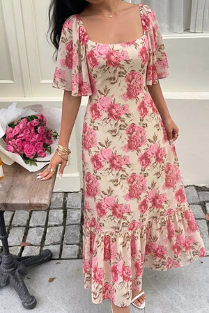 Charming floral midi dress with square neck, flutter sleeves, and ruffled hem.