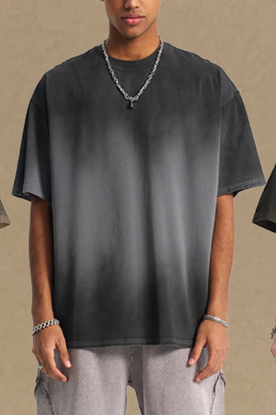 Oversized faded ombre t-shirt in dark gray with a crew neck and short sleeves.