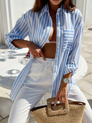 bohemian shirt dress in Light Blue with collared