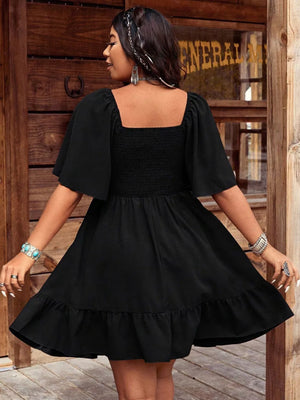 Black smocked square neck flutter sleeve dress with ruffled hem