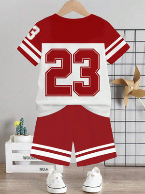 Children's red and white athletic graphic tee with number 23 and matching shorts with stripes.