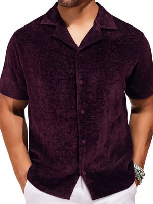 Textured velour camp collar shirt in plum purple with button front.