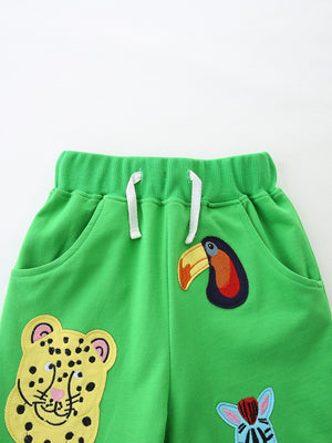 Green cotton shorts with embroidered jungle animals for boys