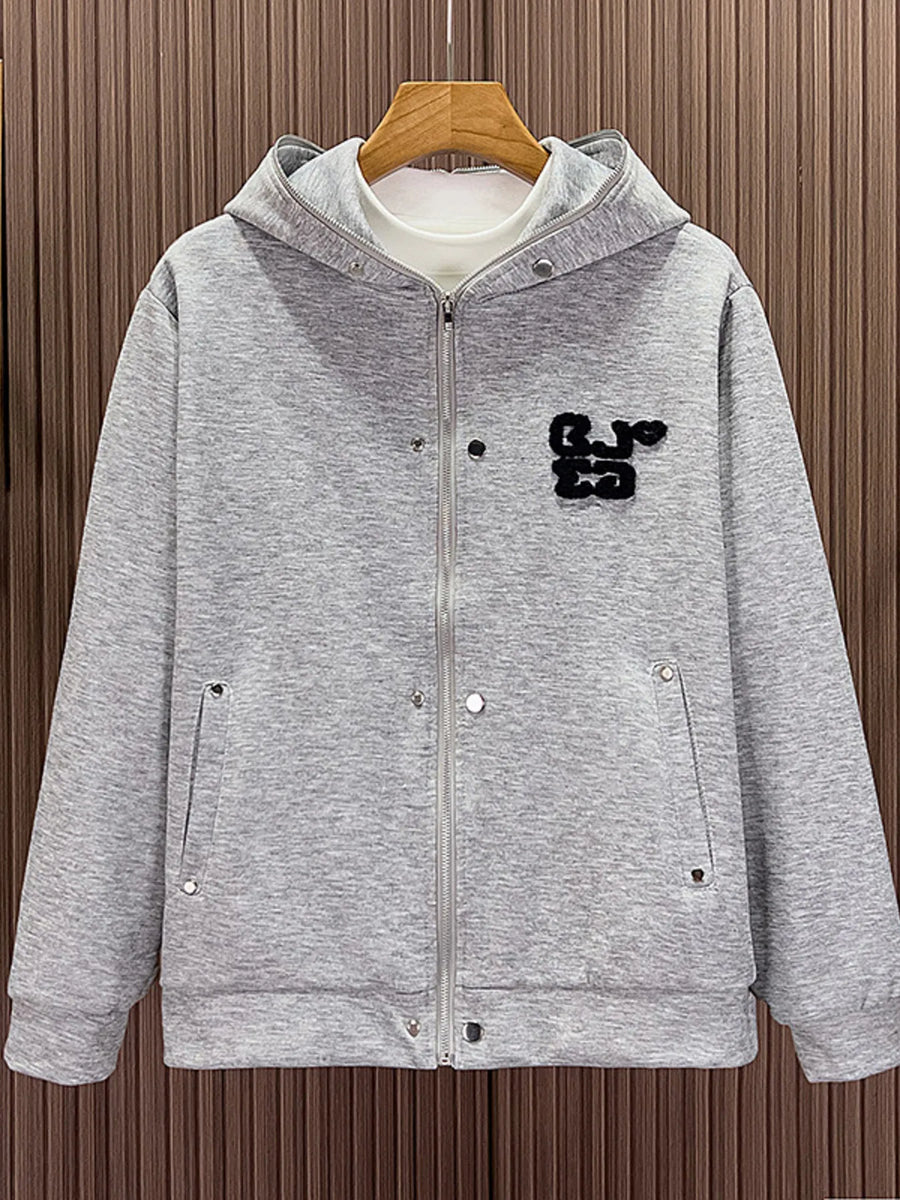 Men's gray zippered long-sleeve hoodie with black graphic detail and buttoned pockets.