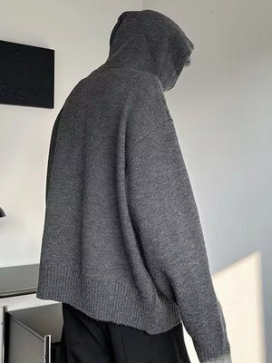 Gray knit hooded sweater with button detail, long sleeves, and ribbed hem.