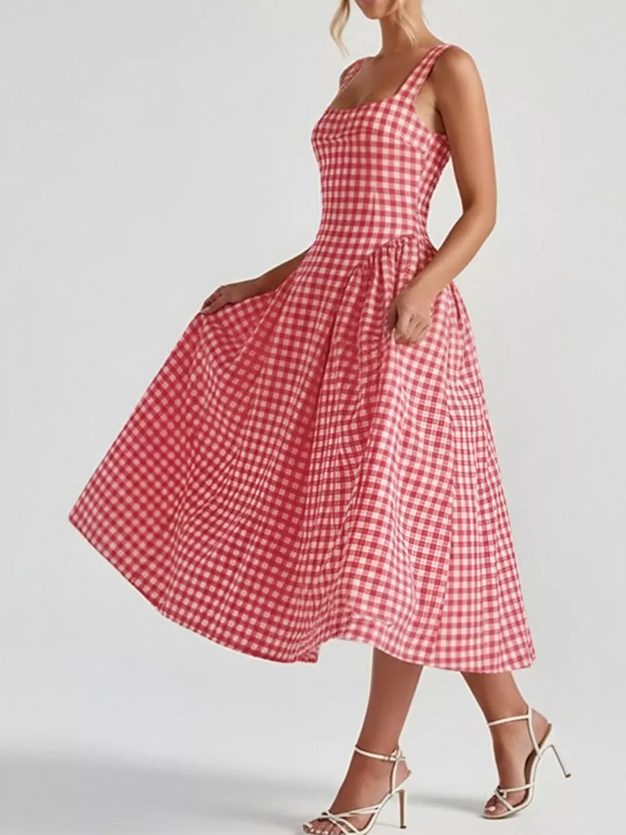 Plaid square neck midi dress in Deep Red with a-line skirt and pockets.