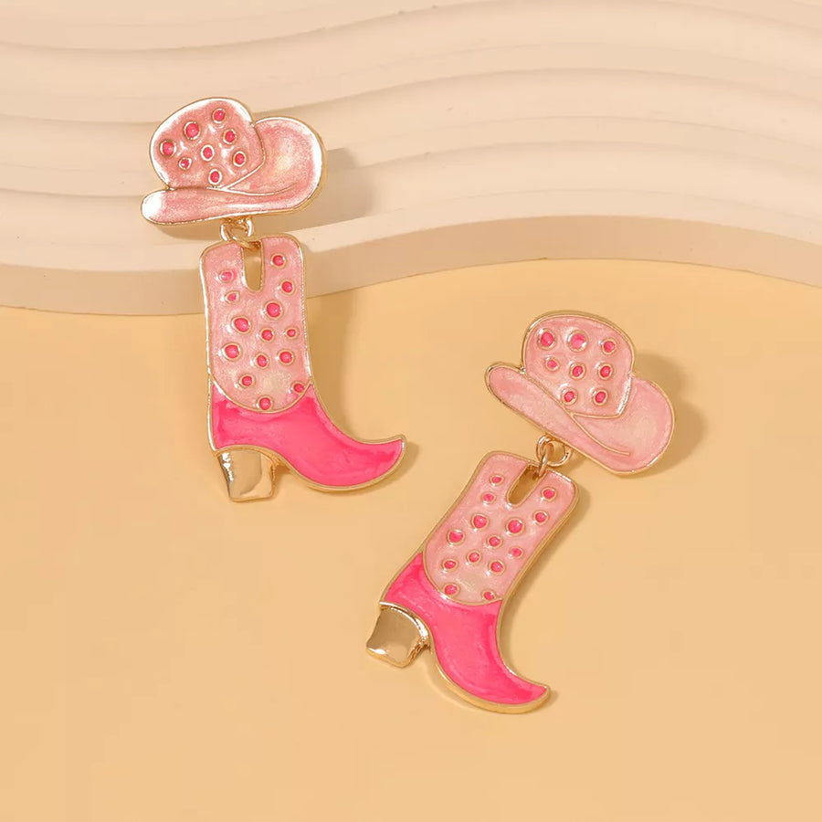 Pink cowboy boot and hat dangle earrings with polka dot detail