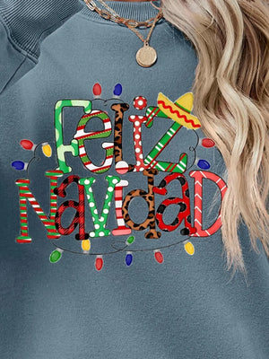 Feliz Navidad graphic sweatshirt in Misty Blue with festive lights and patterned letters.