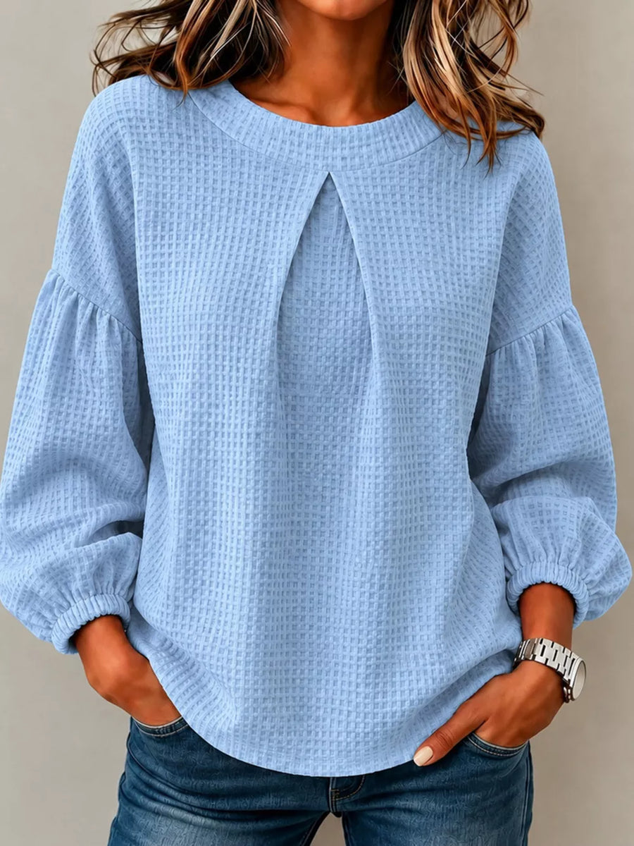 Waffle Knit Round Neck Top in Red