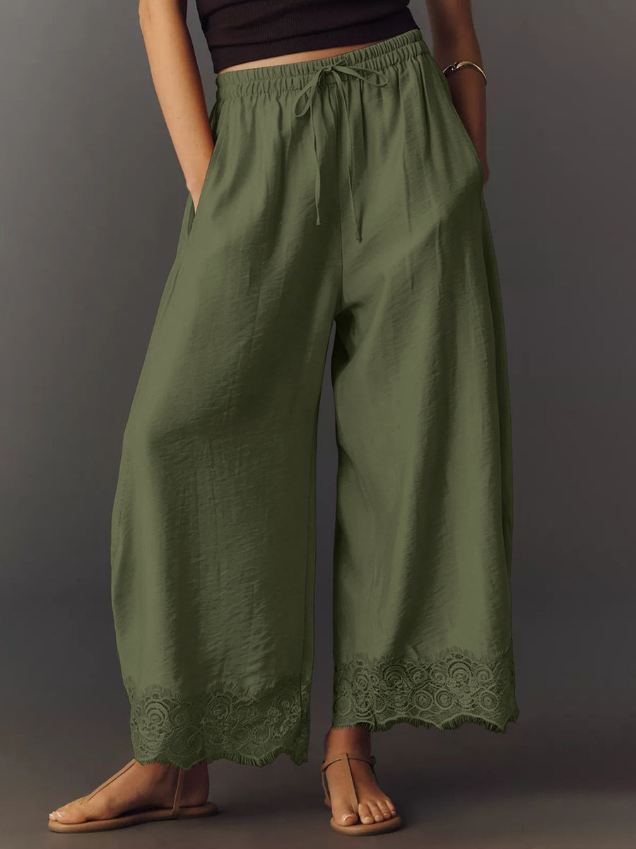 White wide-leg pants with ankle-length and drawstring