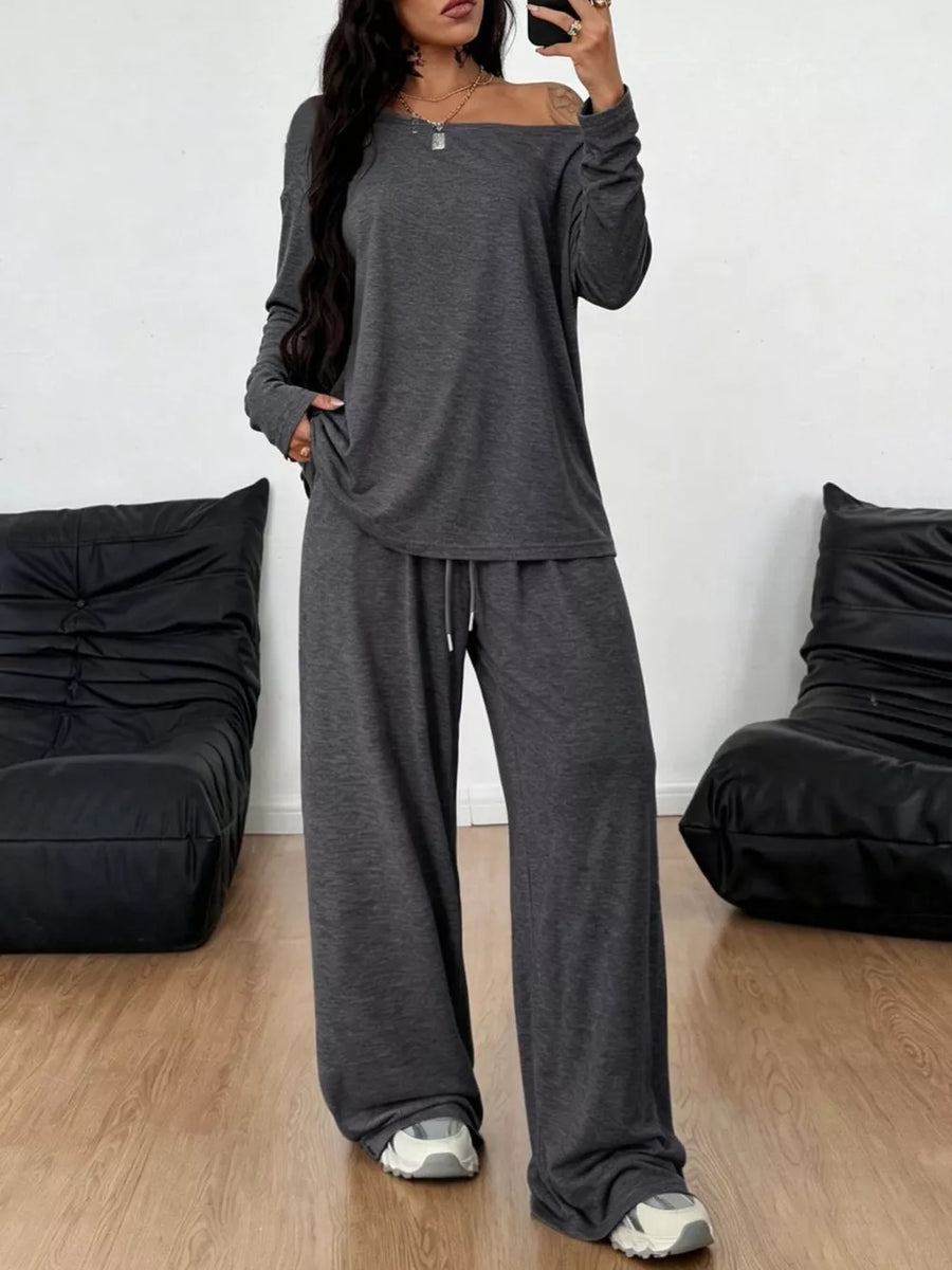 Dark Brown Loose Fit One-shoulder T-shirt And Pants Set Plus Size