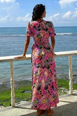 Slit Floral Short Sleeve Maxi Dress in Floral