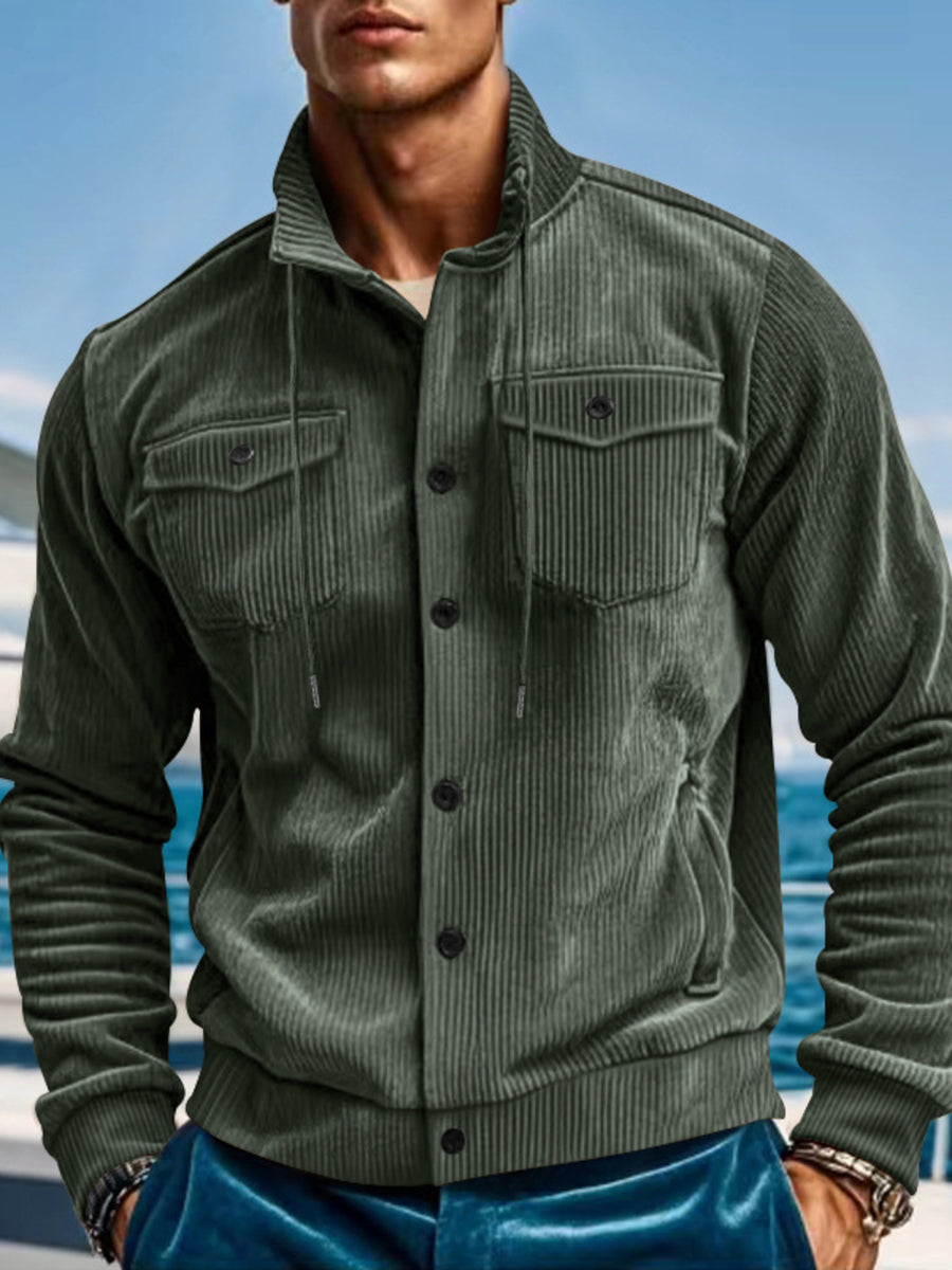 Men's olive green corduroy bomber jacket with button front, chest pockets and drawstring hood.